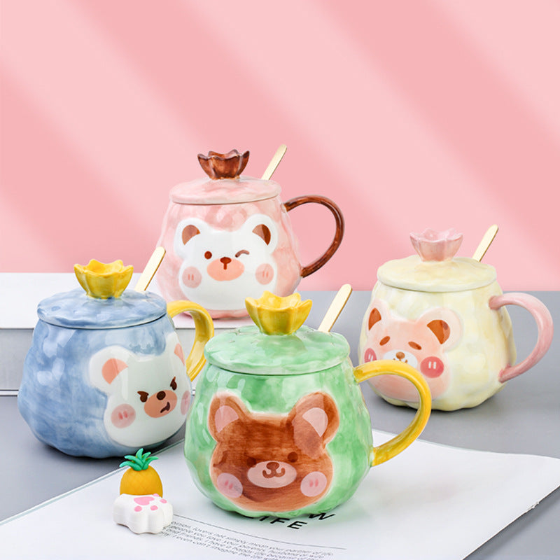Cartoon Mug Bear Hand-Painted Ceramic Mug With Lid