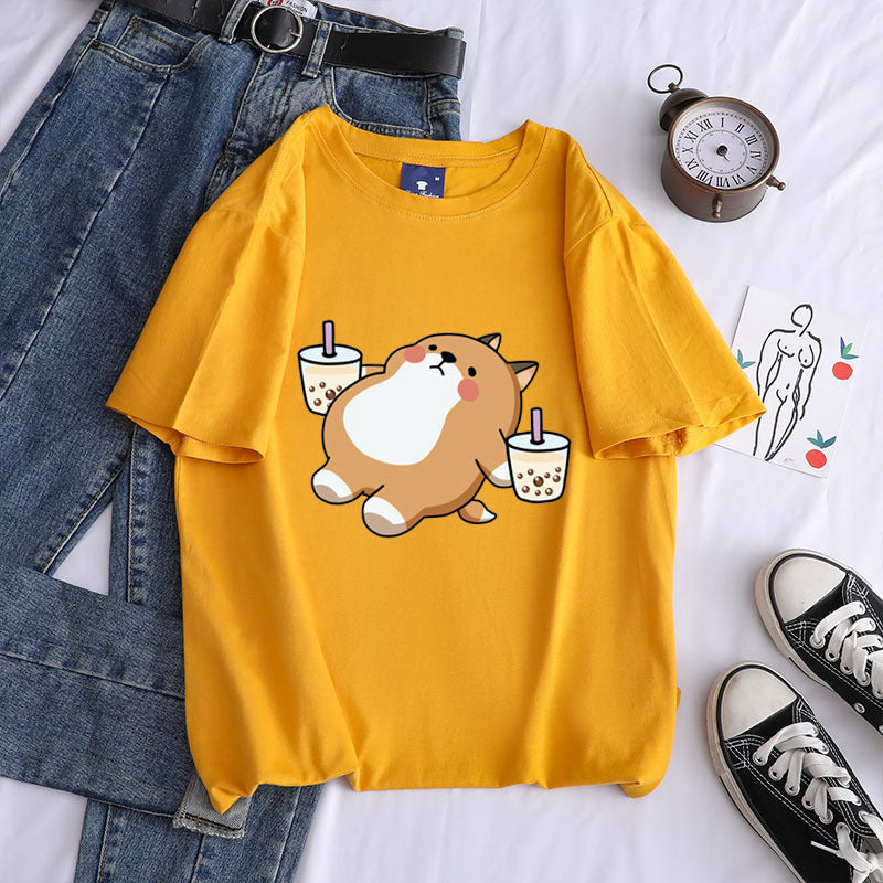 Shiba Inu Drinking Milk Tea  Cotton T Shirt