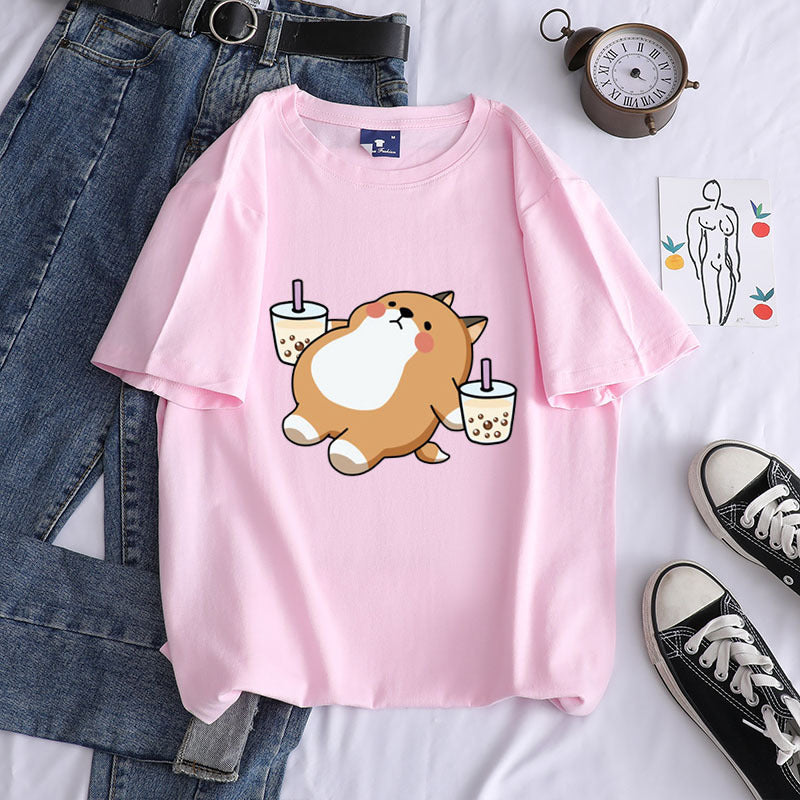 Shiba Inu Drinking Milk Tea  Cotton T Shirt