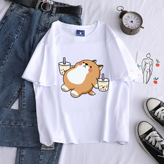 Shiba Inu Drinking Milk Tea  Cotton T Shirt