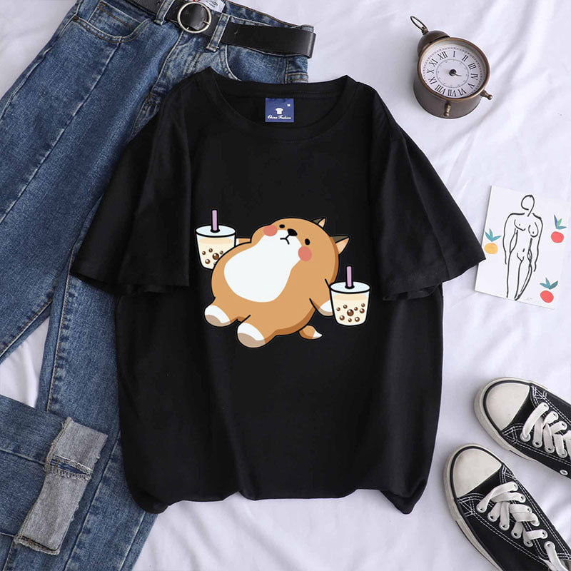 Shiba Inu Drinking Milk Tea  Cotton T Shirt