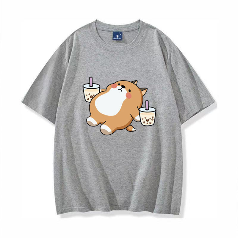 Shiba Inu Drinking Milk Tea  Cotton T Shirt