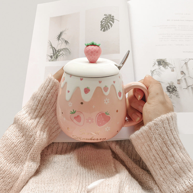 Strawberrie Cut Ceramic Female Mug  with Lid Spoon