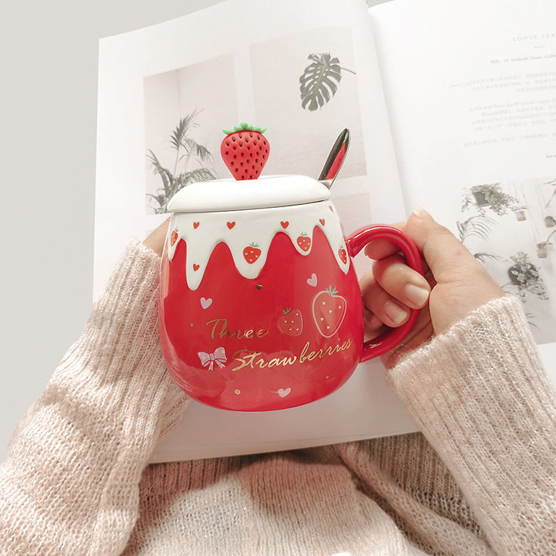 Strawberrie Cut Ceramic Female Mug  with Lid Spoon