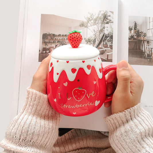 Strawberrie Cut Ceramic Female Mug  with Lid Spoon
