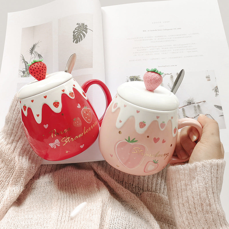 Strawberrie Cut Ceramic Female Mug  with Lid Spoon