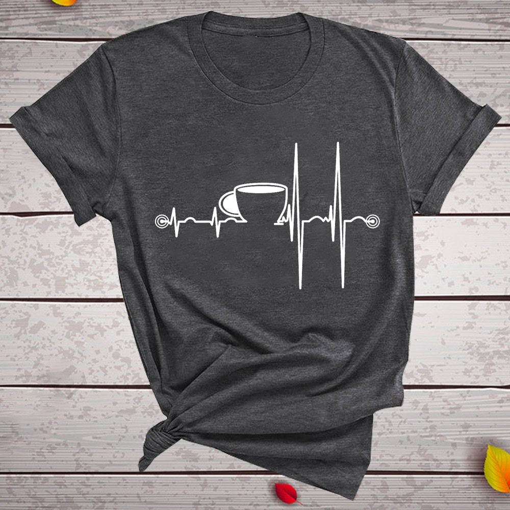 T-Shirt Ladies Coffee Cup Print Short Sleeve
