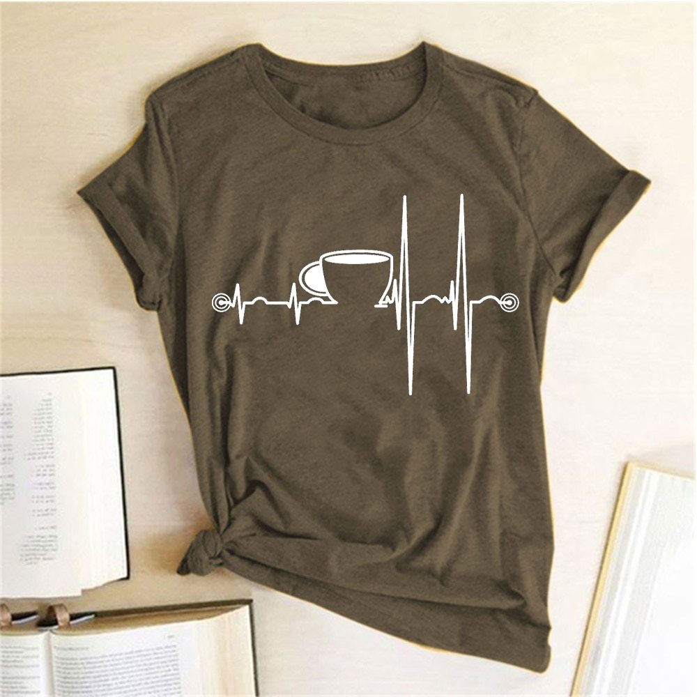T-Shirt Ladies Coffee Cup Print Short Sleeve