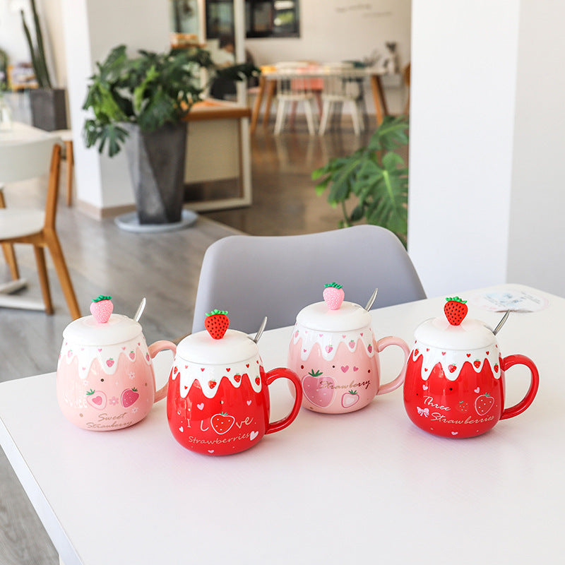 Strawberry Ceramic Coffee Mug With Lid And Spoon
