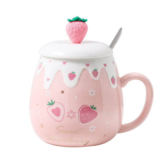 Strawberry Ceramic Coffee Mug With Lid And Spoon