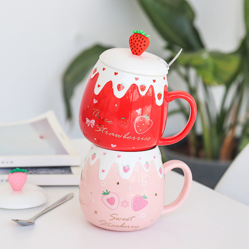 Strawberry Ceramic Coffee Mug With Lid And Spoon