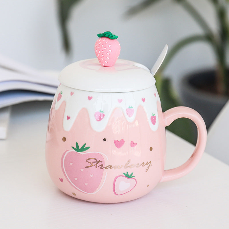 Strawberry Ceramic Coffee Mug With Lid And Spoon