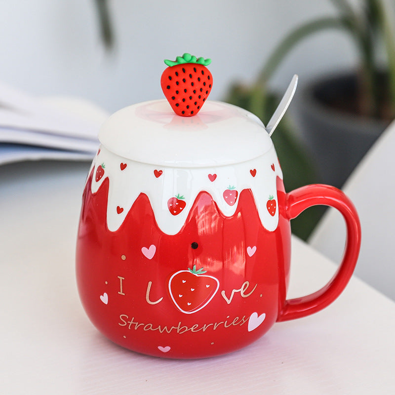 Strawberry Ceramic Coffee Mug With Lid And Spoon