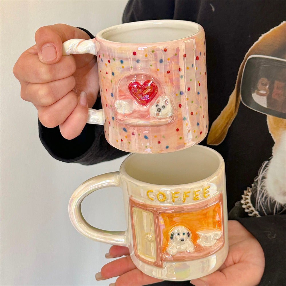 Cute Pearly Embossed Puppy Ceramic Mug