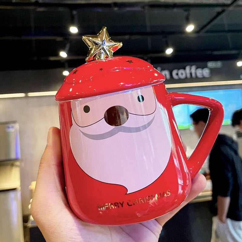 Christmas Ceramic Cup Mug With Cover With Spoon