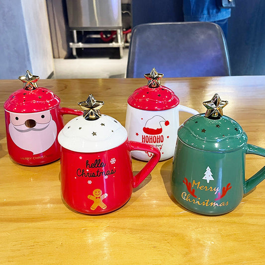 Christmas Ceramic Cup Mug With Cover With Spoon