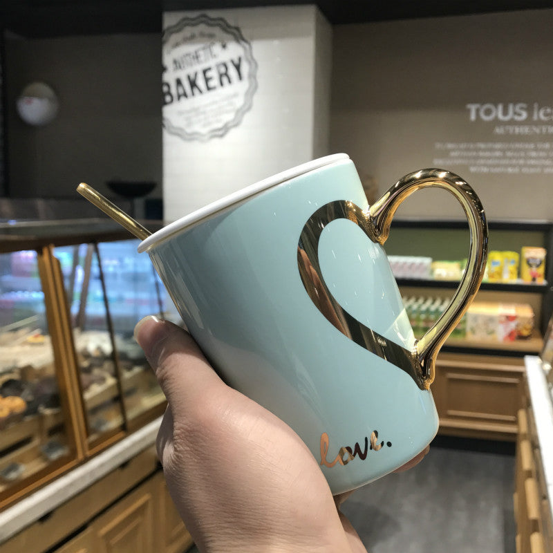 Creative love coffee mug female ceramic spoon with lid