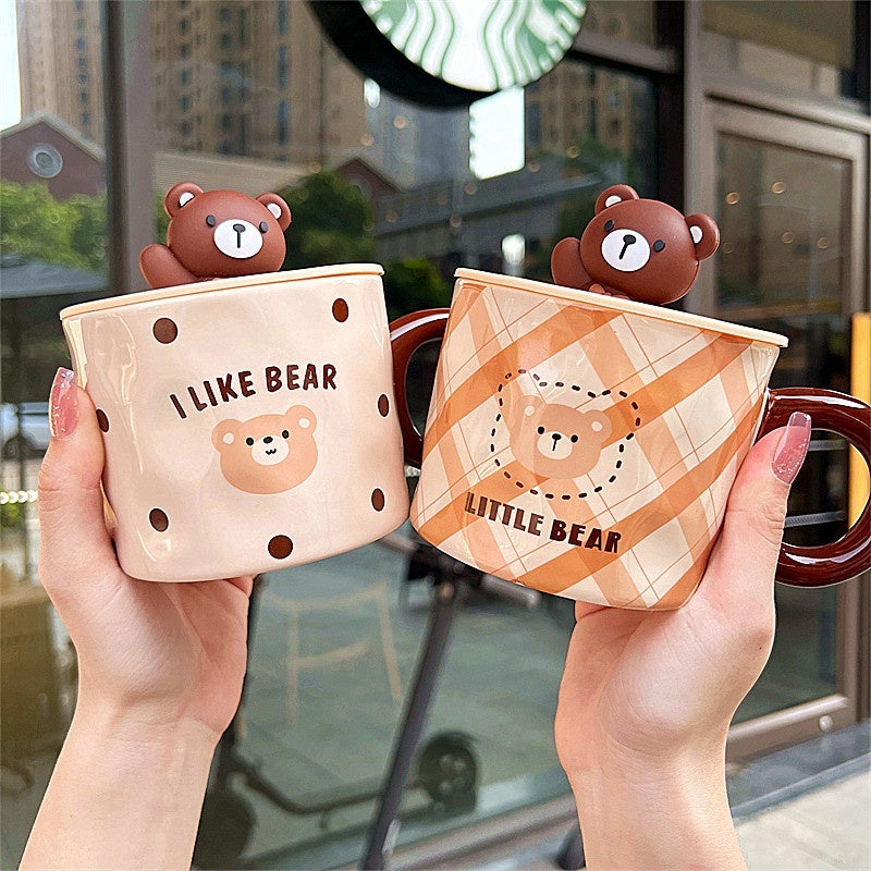 Mug With Lid Couple Little Bear Ceramic