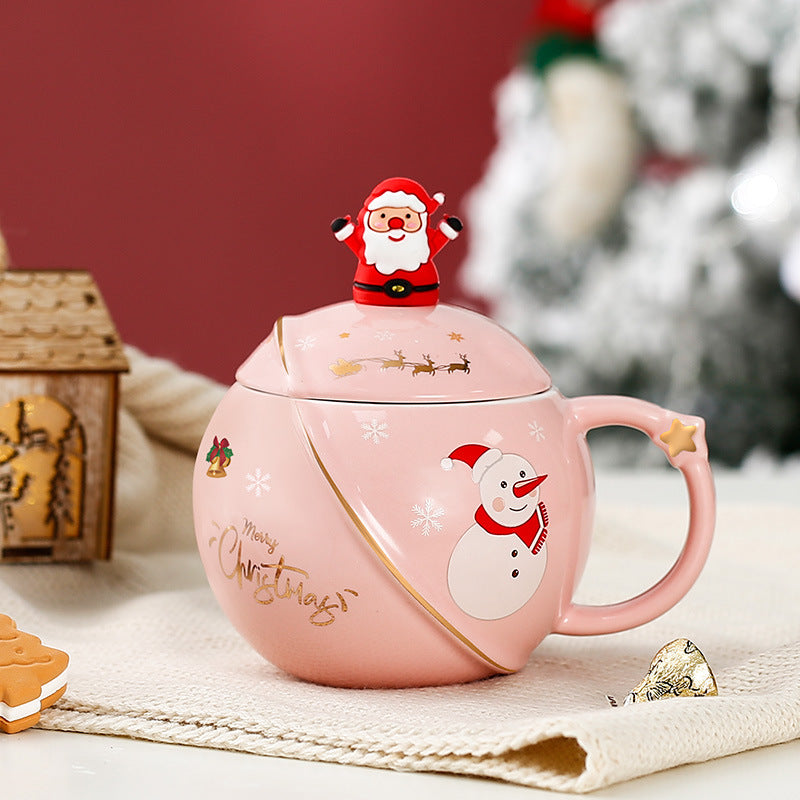 Christmas Round Mug Ceramic With Lid Spoon