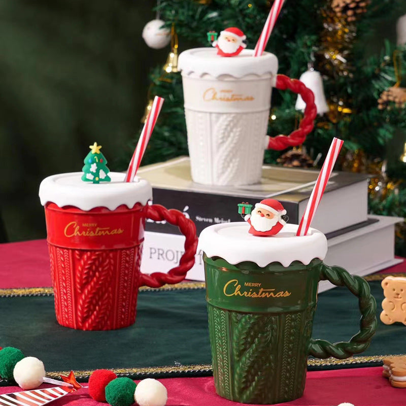 Christmas Tree Ceramic Mug with Straw
