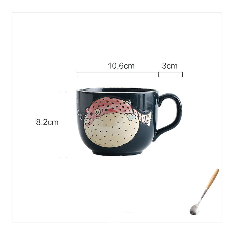 Ceramic Large Capacity Fish Mug With Lid Spoon