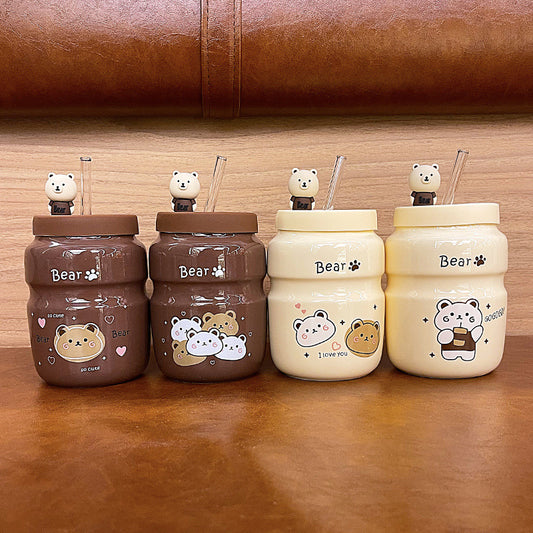 Cartoon Bear Ceramic Straw Cup Mug