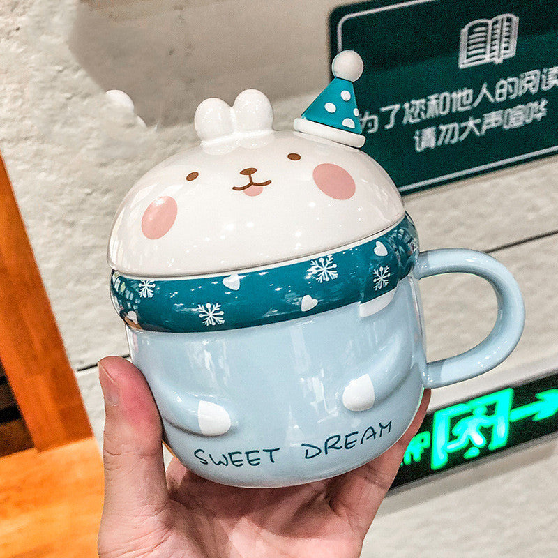 Gift Box Cute Cartoon Rabbit Ceramic Mug With Lid Spoon