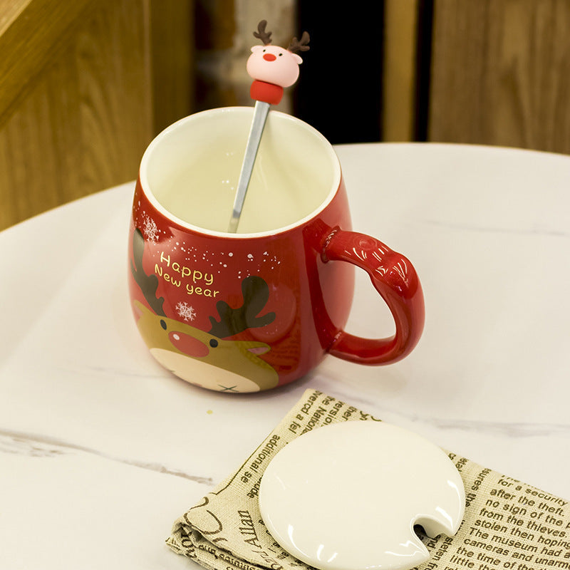 Festive Xmas Mug With Lid Spoon Ceramic