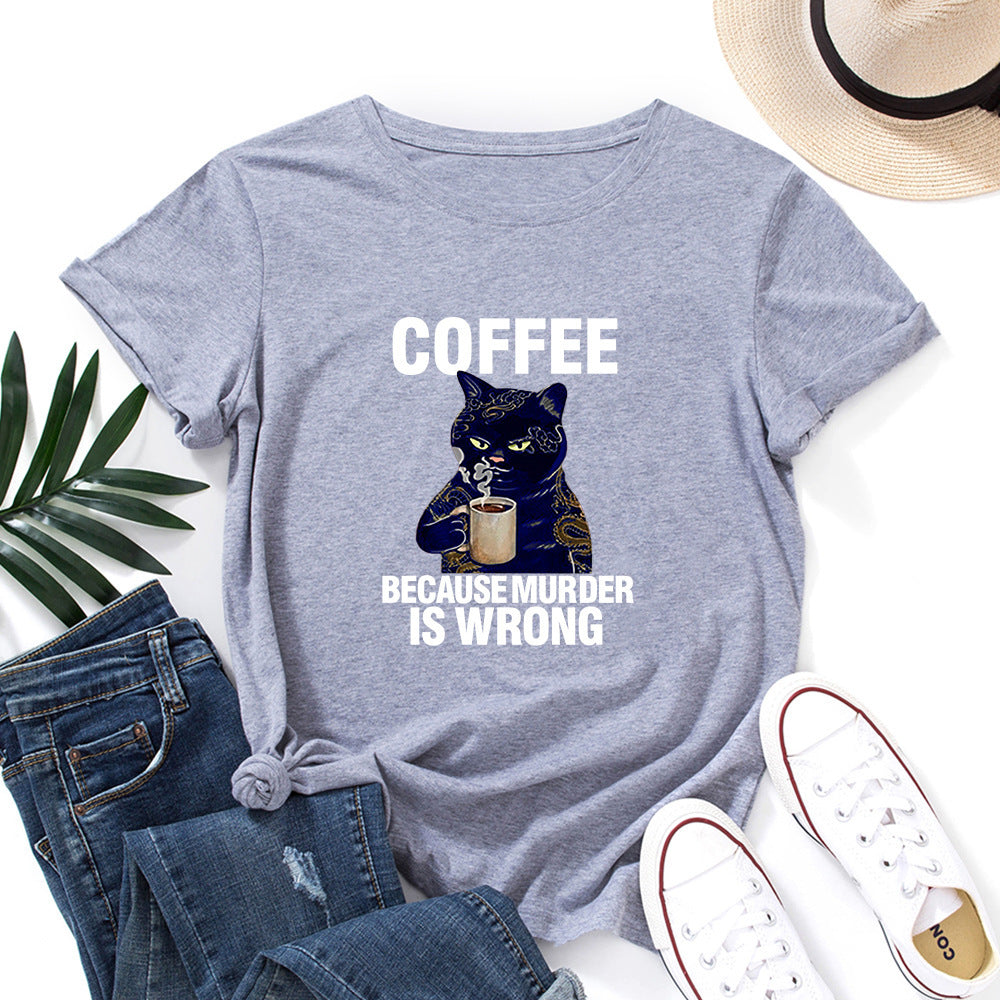 Black And White Print Loose Round Neck Short-sleeved T-shirt