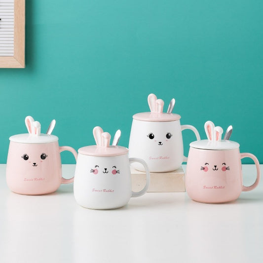 Cute Bunny Ear Mug With Lid Spoon