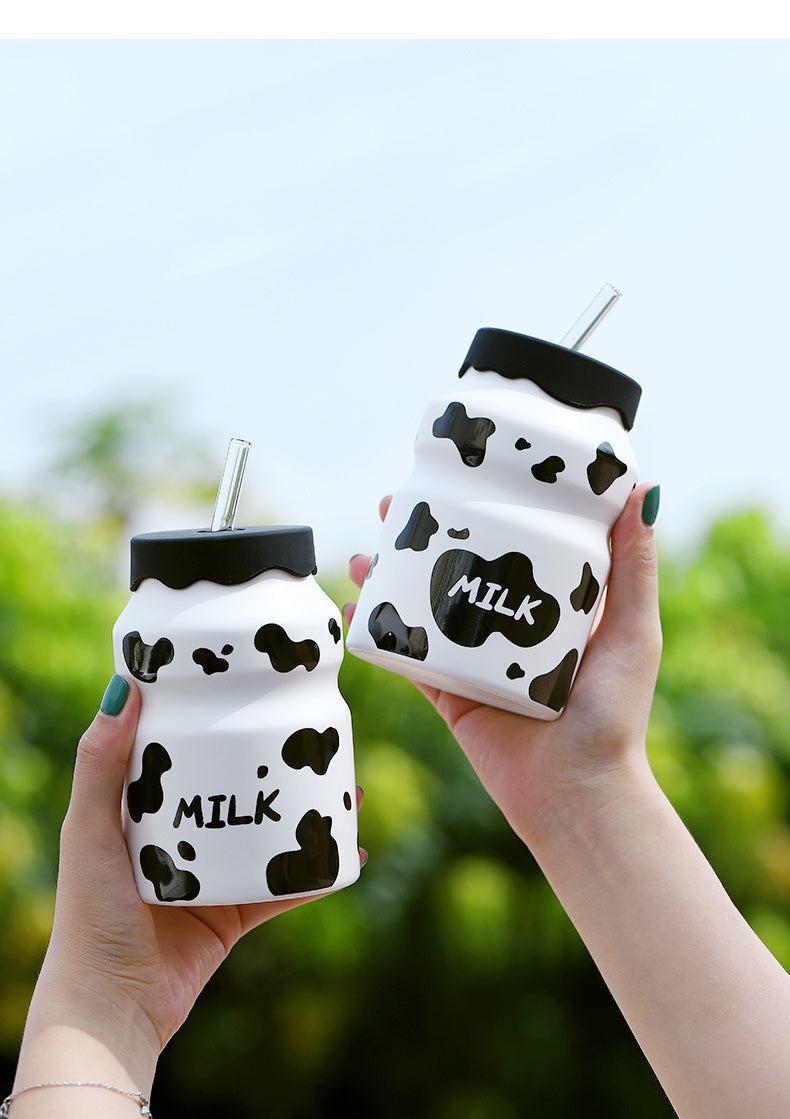 Cute Mini Cow Ceramic Straw Cup