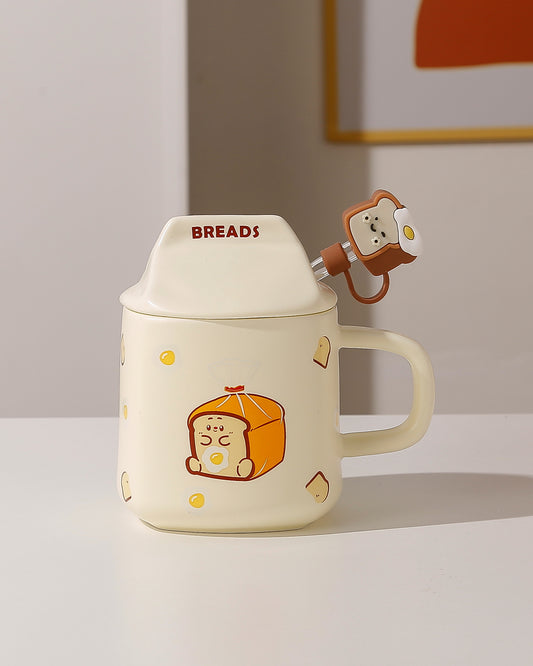 Cute mug with bread design and cartoon character on a neutral background