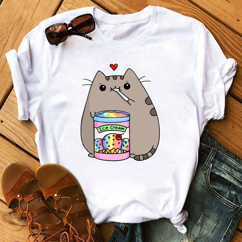 New Cute Milk Tea Print Short Sleeve Women
