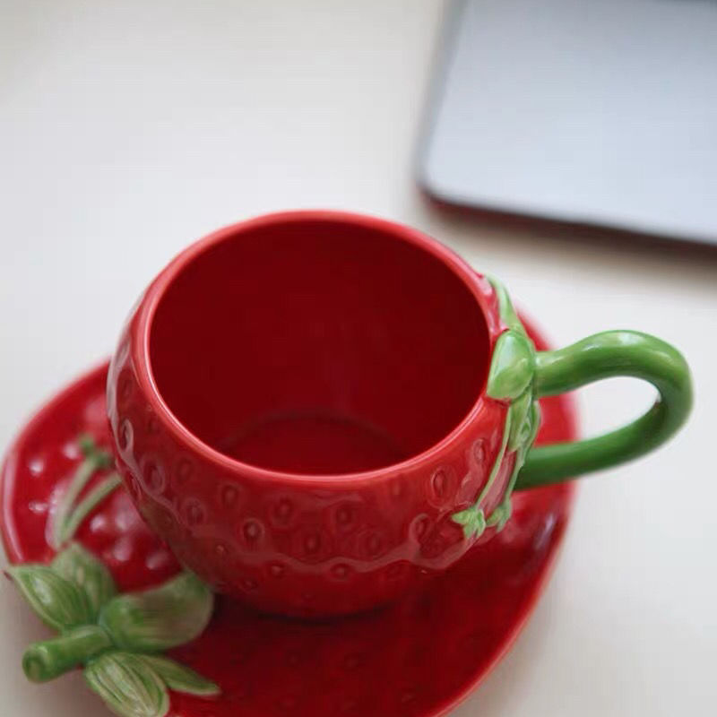 Hand Painted Ceramic Coffee Cup & Saucer Strawberry