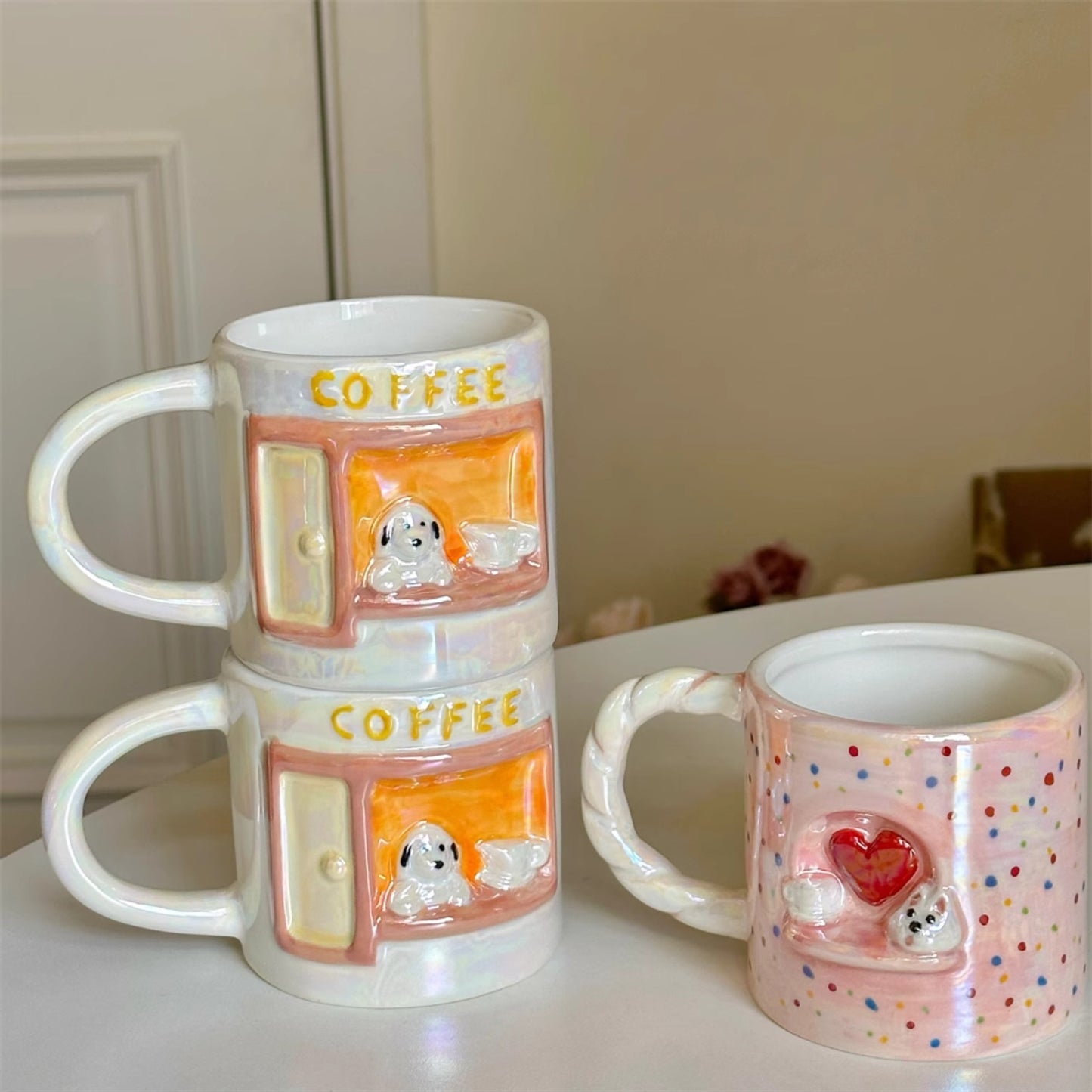 Cute Pearly Embossed Puppy Ceramic Mug
