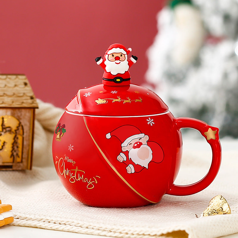 Christmas Round Mug Ceramic With Lid Spoon