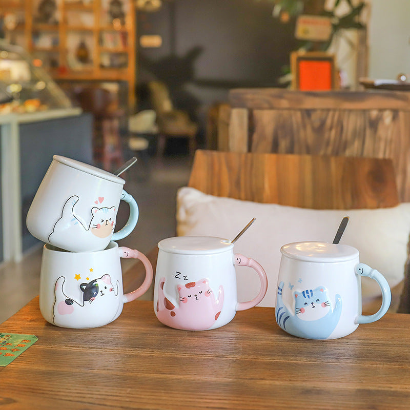 Cartoon Cat With Lid Spoon Ceramic Cup