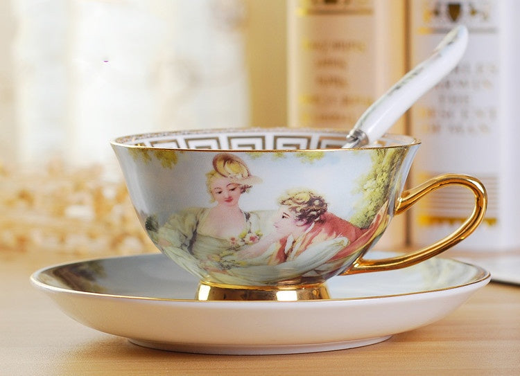 Creative Bone China Coffee Cup And Plate, Retro Art