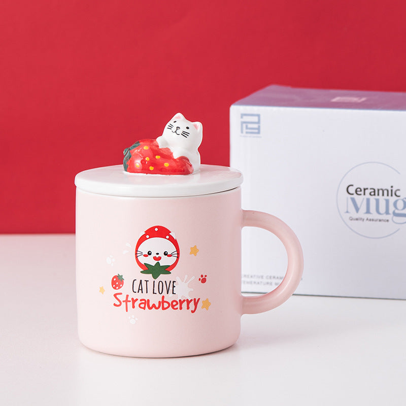 Creative Cartoon Ceramic Cup With Lid Cute Strawberry