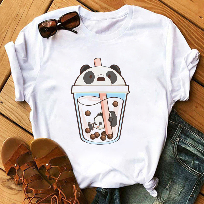 New Cute Milk Tea Print Short Sleeve Women