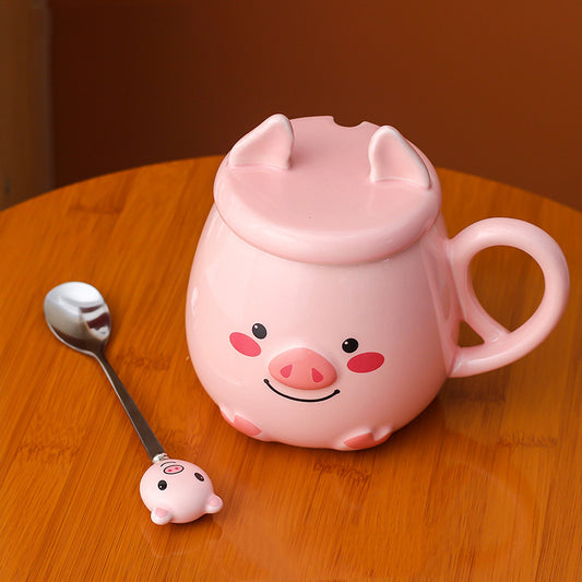 Ceramic  Pig Mug Cute Cat Cartoon With Lid Spoon