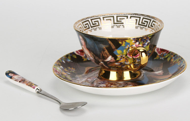 Creative Bone China Coffee Cup And Plate, Retro Art