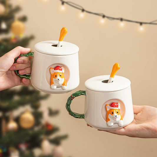 Christmas Style Corgi Mug With Cover Spoon