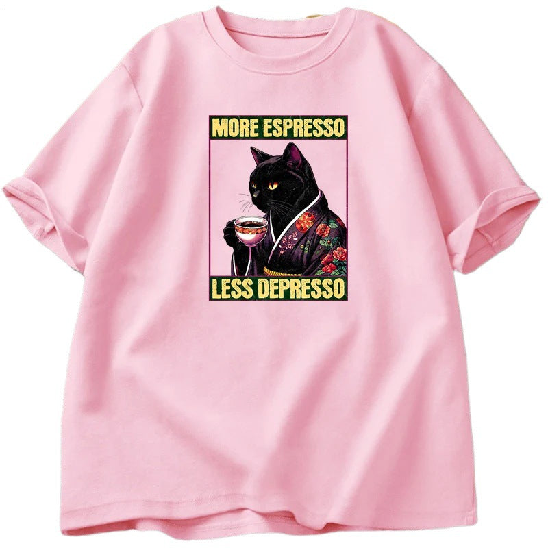 More Espresso Less Depresso Cat Drinking Coffee Funny T Shirt