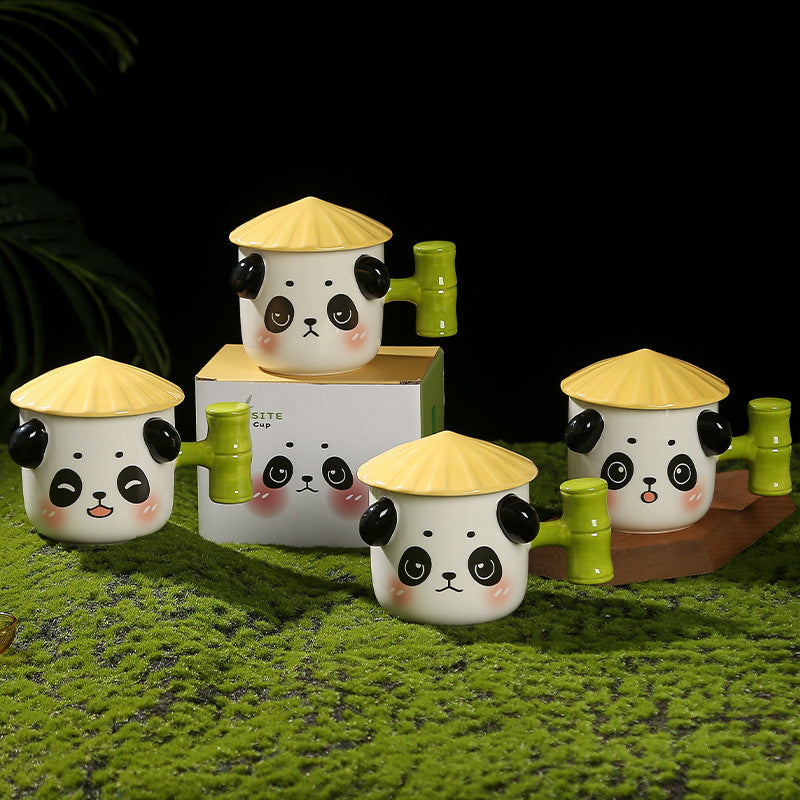 Cute Panda Ceramic Cup For Girls With Lid Milk Breakfast