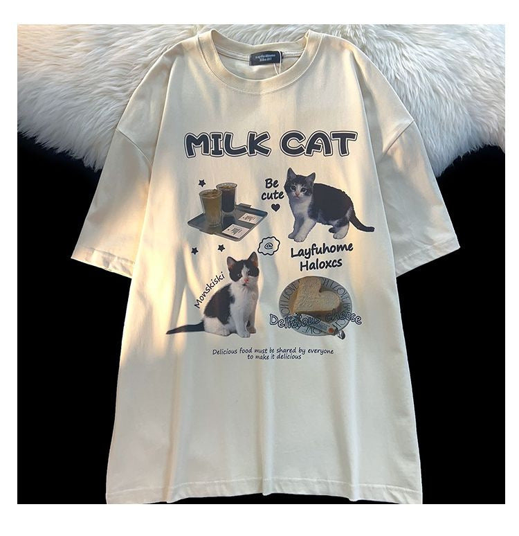 Cartoon Cat Milk Breakfast T-shirt For Men And Women