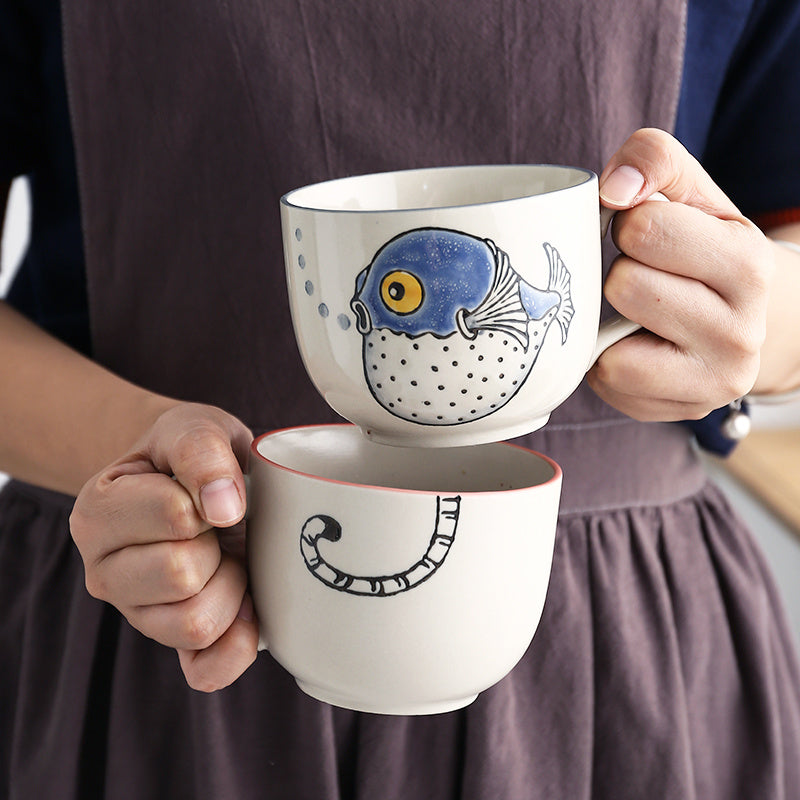 Ceramic Large Capacity Fish Mug With Lid Spoon
