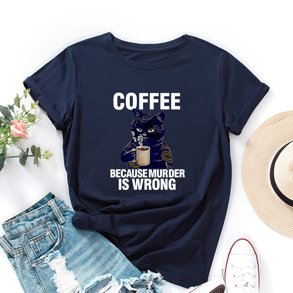 Black And White Print Loose Round Neck Short-sleeved T-shirt