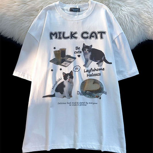 Cartoon Cat Milk Breakfast T-shirt For Men And Women