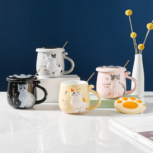 Ceramic Cat  Mug With Lid And Spoon